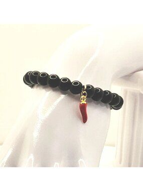 Red Chili Pepper Charm Bracelet, Black Bead Bracelet, Trendy Stretch Bracelet